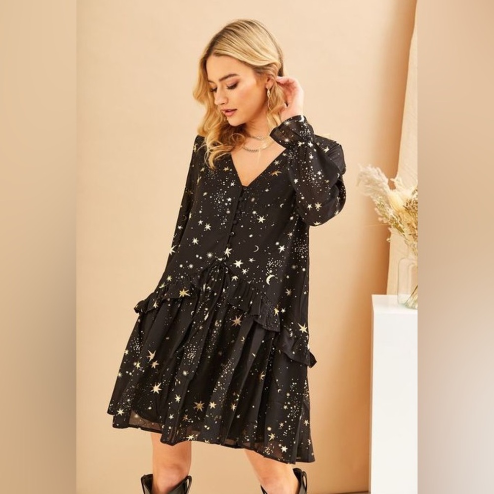 Whimsigoth Celestial Black and Gold Flowy Ruffle Dress